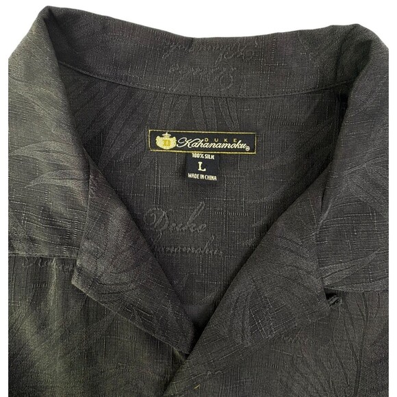 Duke Kahanamoku 100% Silk Shirt Hawaiian Black Tonal Embossed Palms Cabana LARGE - Picture 3 of 16